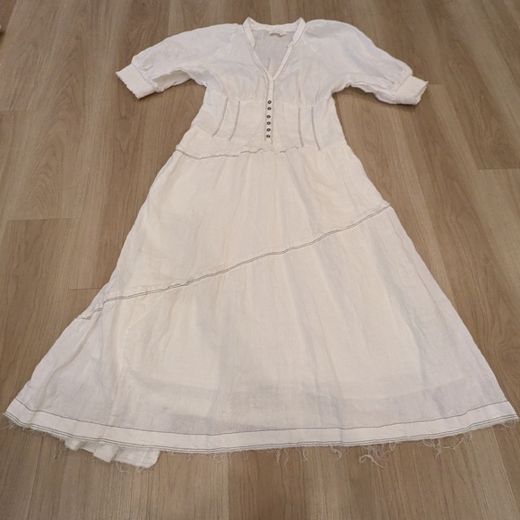 Anthropologie White Linen Puff Sleeve Low Cut Asymetrical Dress Size L - Picture 2 of 8